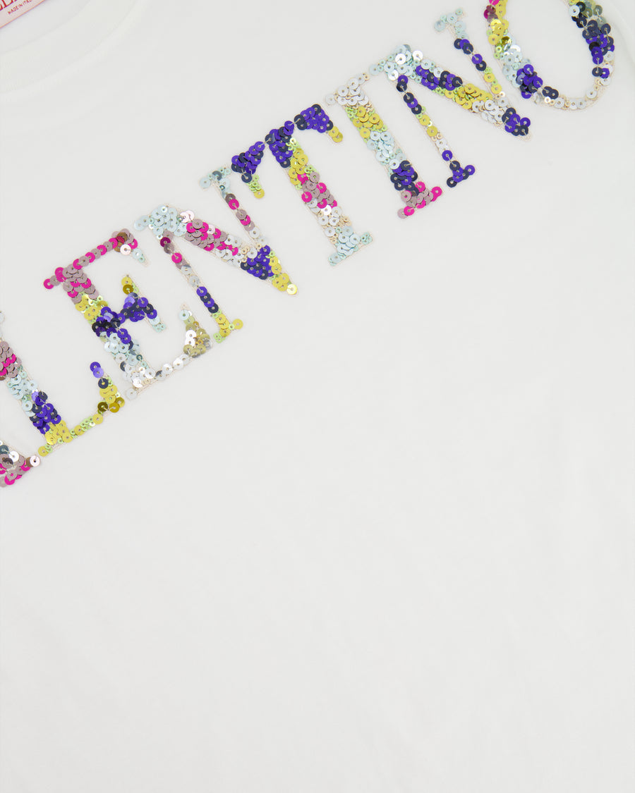 Valentino White T-Shirt with Multicolour Sequin Logo Size XS (UK 6)