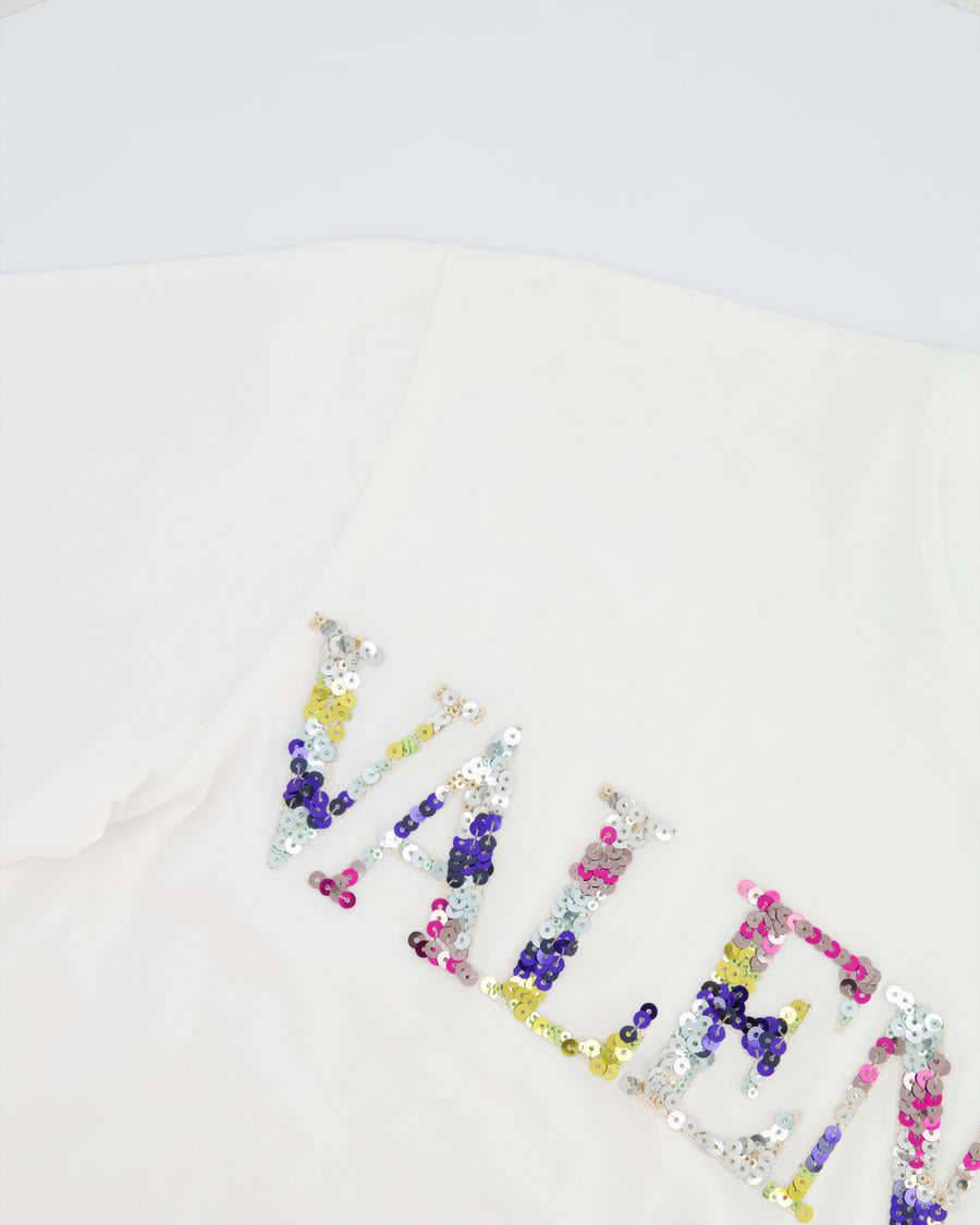Valentino White T-Shirt with Multicolour Sequin Logo Size XS (UK 6)