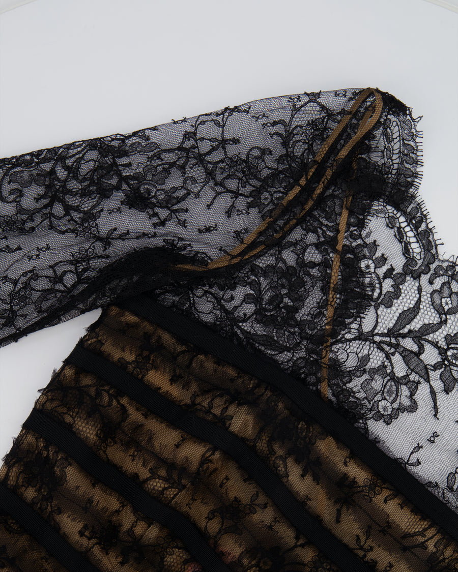 Oscar De La Renta Black and Nude Silk Lace Midi Dress With Bow Detail Size US 6 (UK 10)