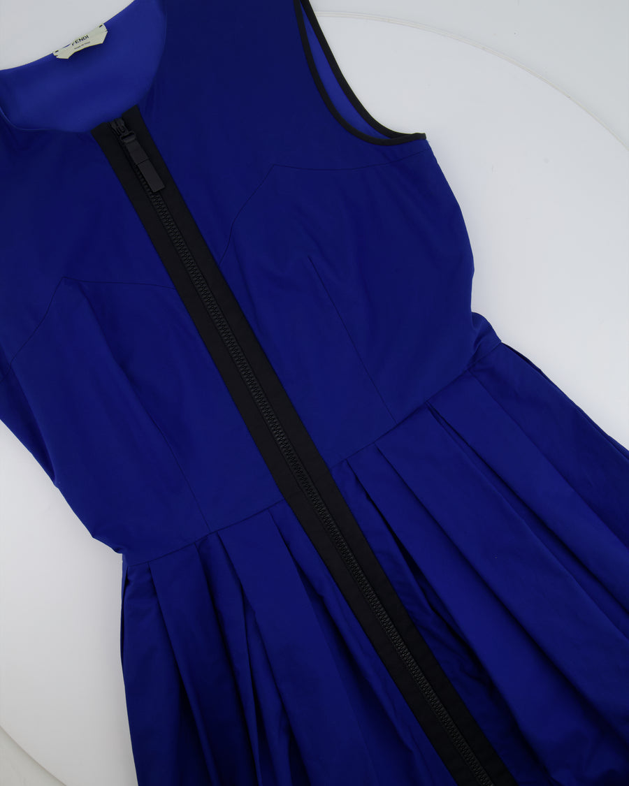 Fendi Electric Blue, Green and Black Zipped Maxi Pleated Dress with Mesh Detailing Size IT 42 (UK 10)