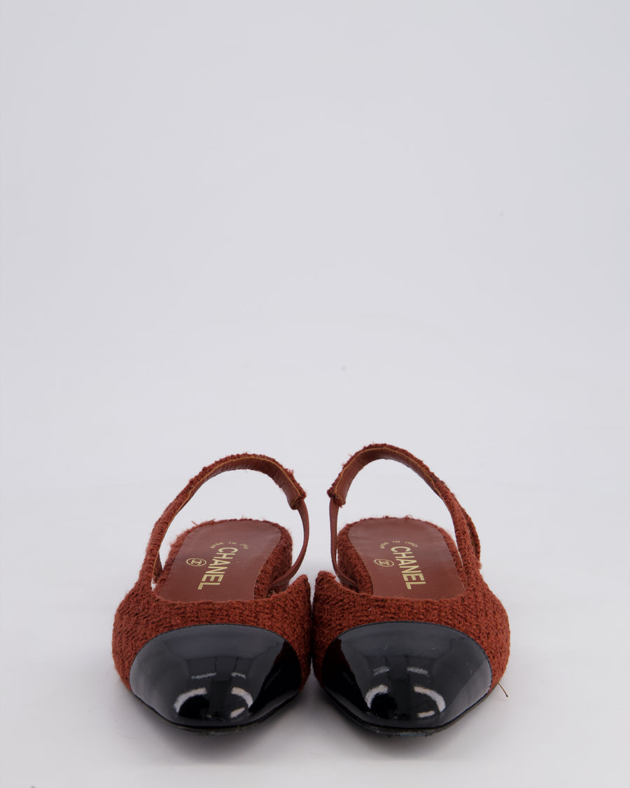 Chanel Toffee Brown Tweed Flat Slingback Shoes with Gold CC Logo Detail Size 37
