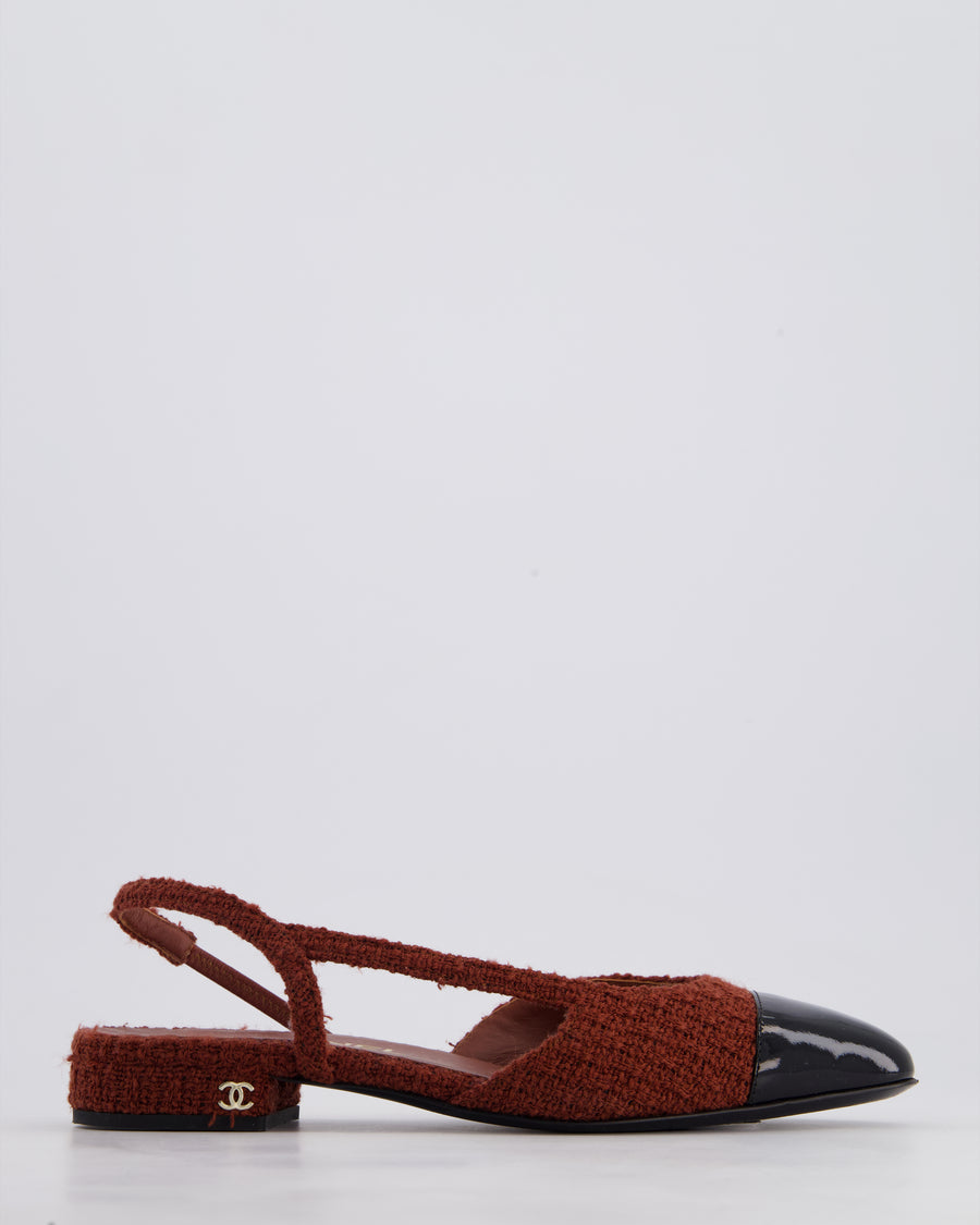 Chanel Toffee Brown Tweed Flat Slingback Shoes with Gold CC Logo Detail Size 37