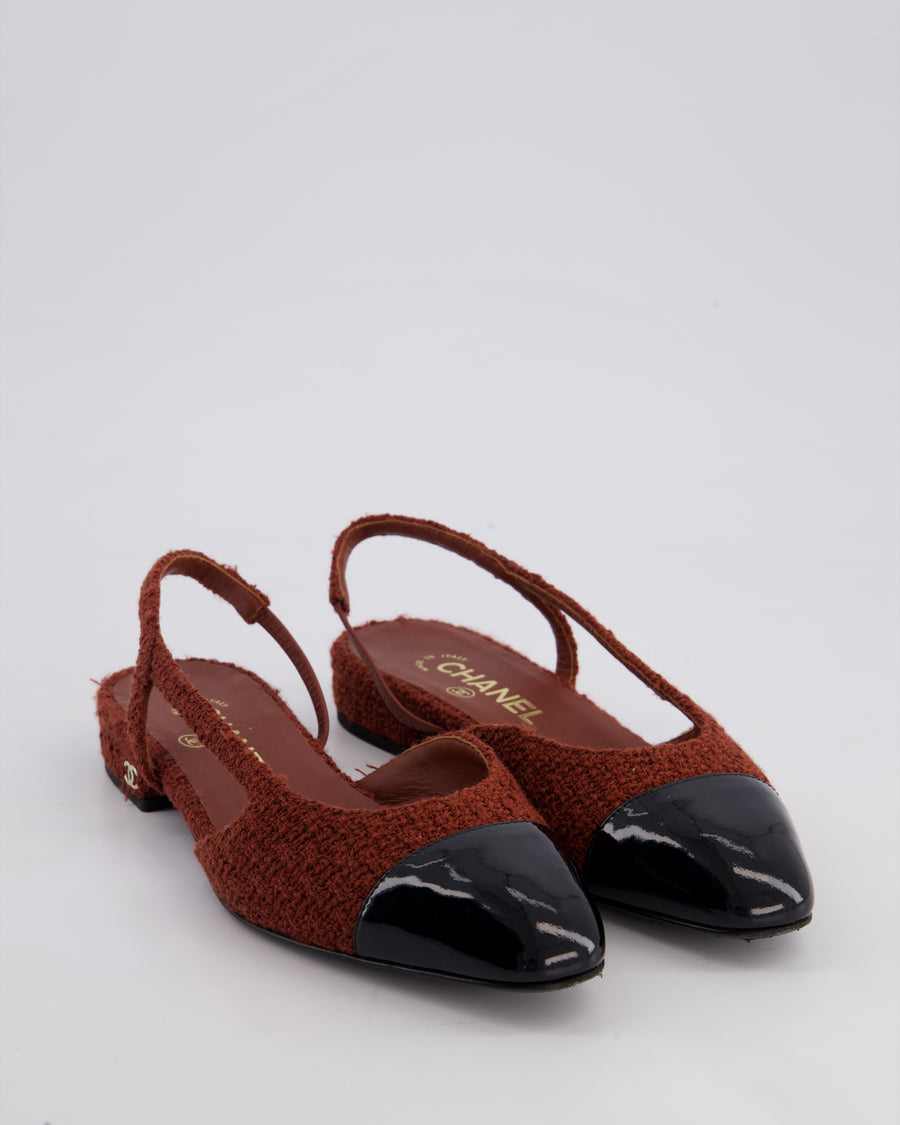 Chanel Toffee Brown Tweed Flat Slingback Shoes with Gold CC Logo Detail Size 37