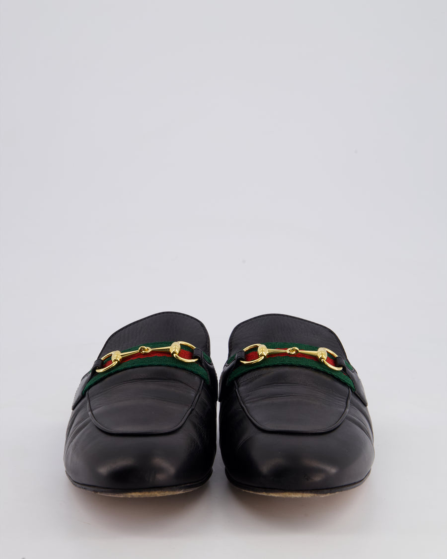Gucci Black Leather Horsebit Princetown Loafers with Green and Red Detail Size EU 42