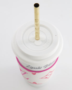Louis Vuitton White and Pink By the Pool Cup with Gold Monogram Straw