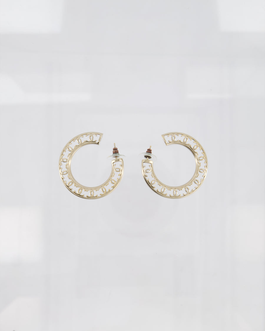 Chanel Champagne Gold Large Round CC Hoop Earrings with CC Cutout Monogram