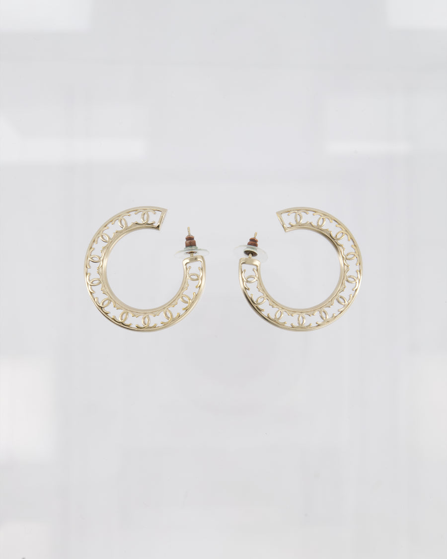 Chanel Champagne Gold Large Round CC Hoop Earrings with CC Cutout Monogram