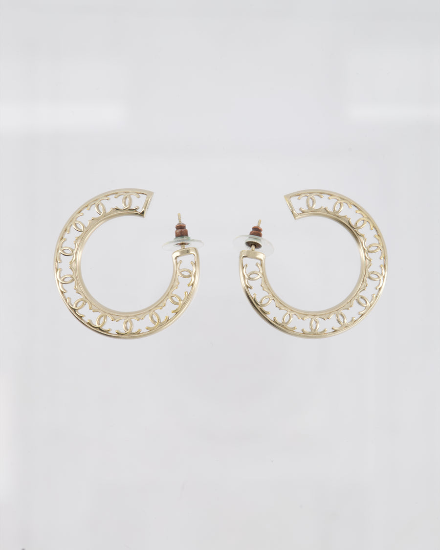 Chanel Champagne Gold Large Round CC Hoop Earrings with CC Cutout Monogram