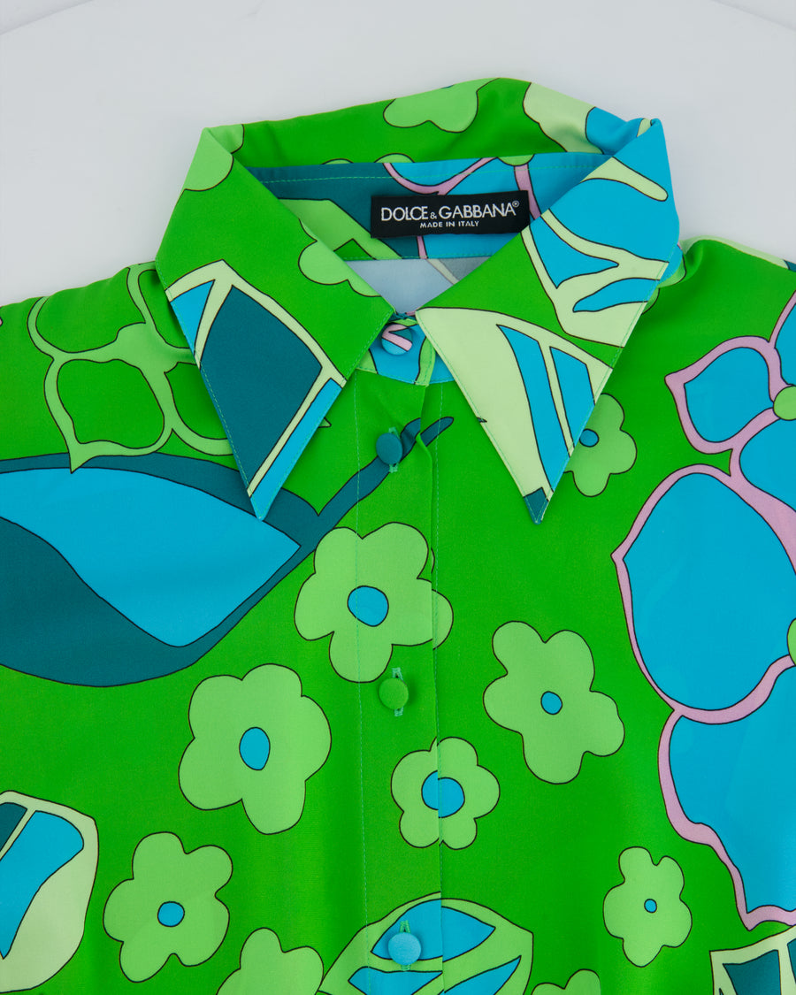 Dolce & Gabbana Green and Blue Floral Cropped Silk Shirt Size IT 42 (UK 10)