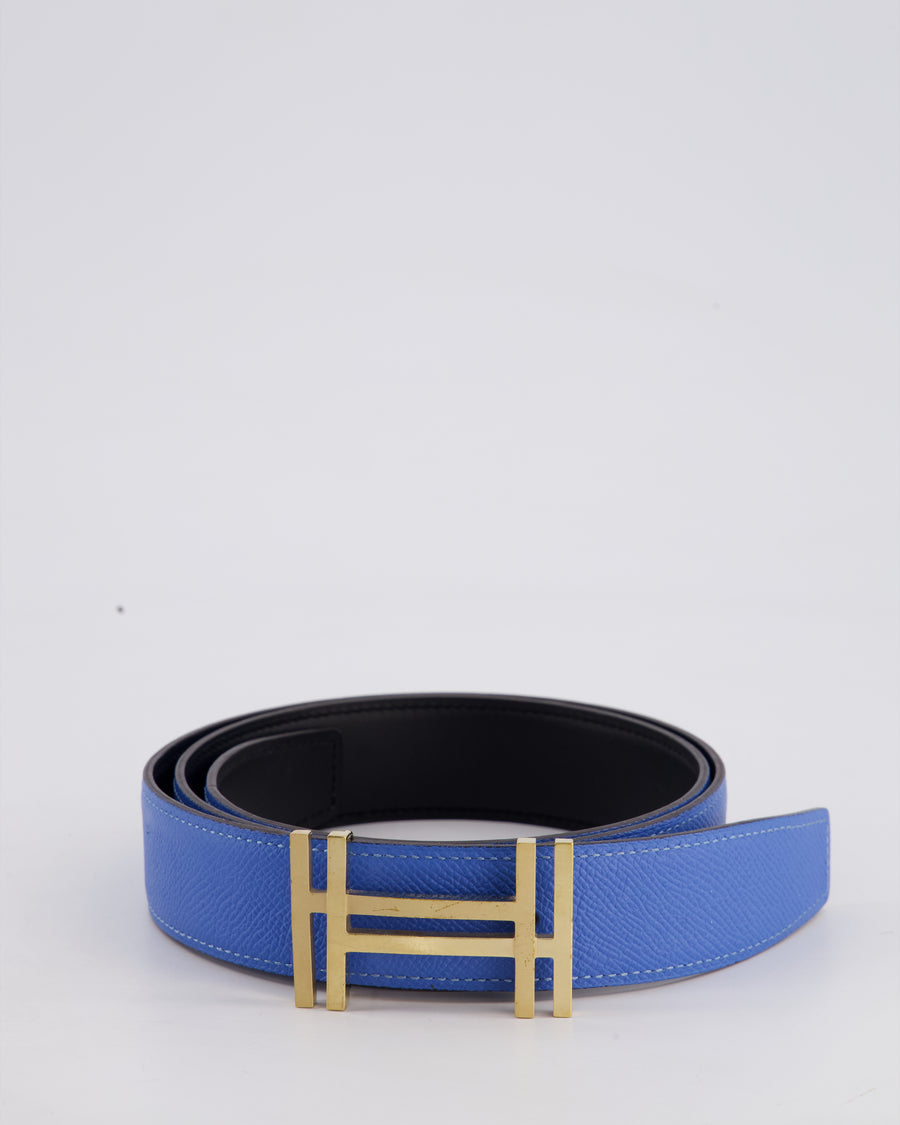 Hermès Blue & Black Reversible Constance Belt with Gold H Au Carre Buckle Size 85cm