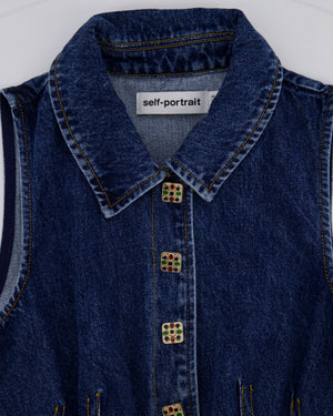Self-Portrait Denim Gilet & Pleated Skirt Set with Multicolour Buttons Detail Size (UK 6)