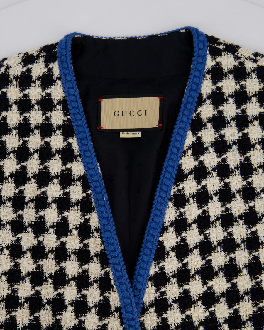 Gucci Black & White Houndstooth Wool Jacket with Electric Blue Thread Detail Size IT 36 (UK 4)