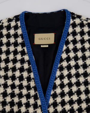 Gucci Black & White Houndstooth Wool Jacket with Electric Blue Thread Detail Size IT 36 (UK 4)