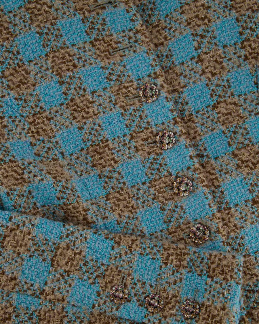 Chanel 22K Blue & Brown Tweed Jacket with Crystal Button Detail Size FR 42 (UK 14) RRP £7150