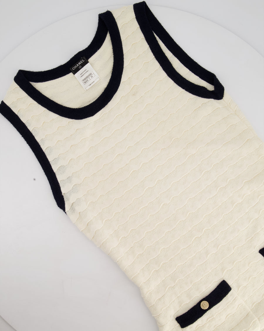 Chanel Cream Sleeveless Midi Dress with Navy Hem and Pocket Detail Size FR 34 (UK 6)