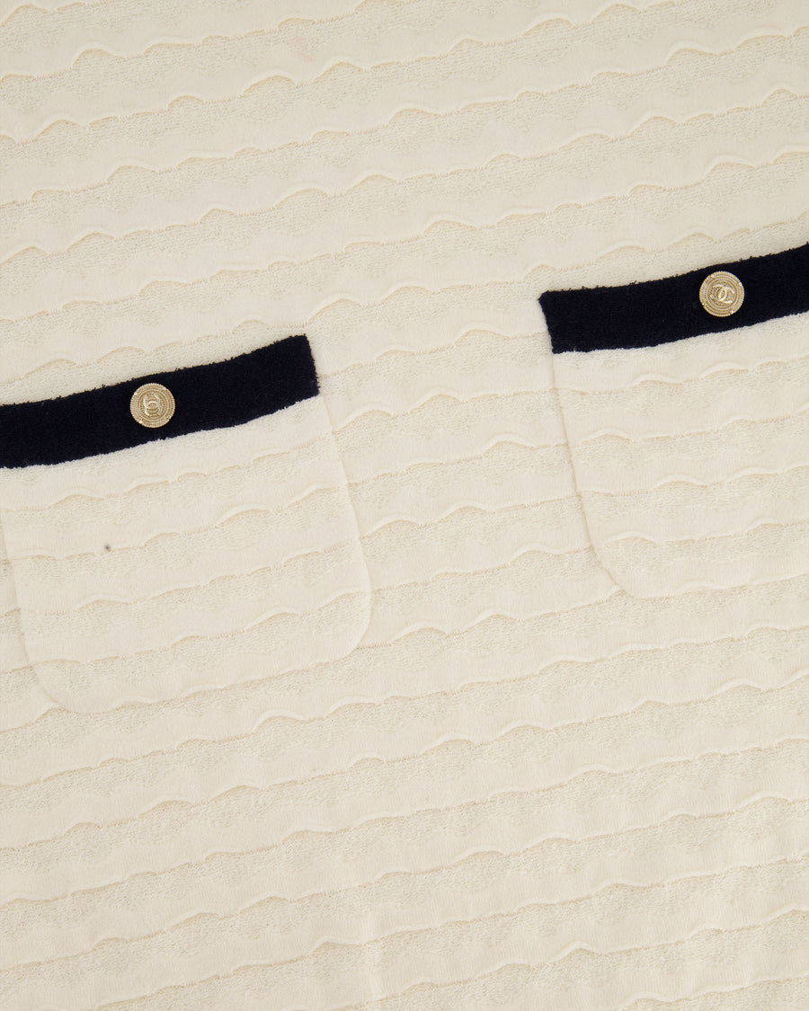 Chanel Cream Sleeveless Midi Dress with Navy Hem and Pocket Detail Size FR 34 (UK 6)