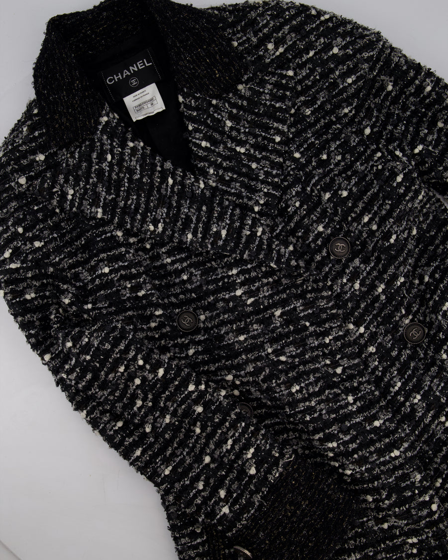 Chanel Black, Grey & White Tweed Double Breasted Jacket with Black CC Logo Buttons Size FR 36 (UK 8)