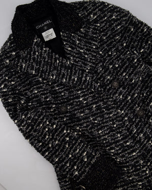 Chanel Black, Grey & White Tweed Double Breasted Jacket with Black CC Logo Buttons Size FR 36 (UK 8)