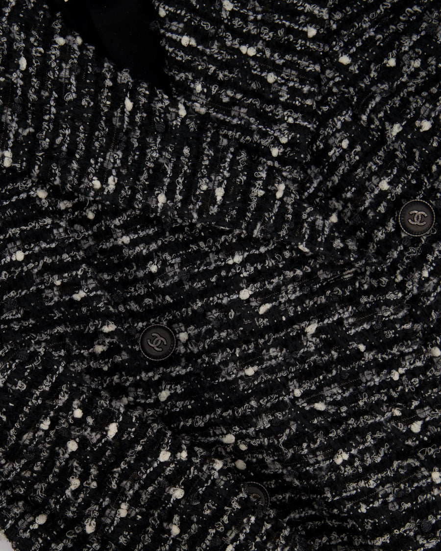 Chanel Black, Grey & White Tweed Double Breasted Jacket with Black CC Logo Buttons Size FR 36 (UK 8)