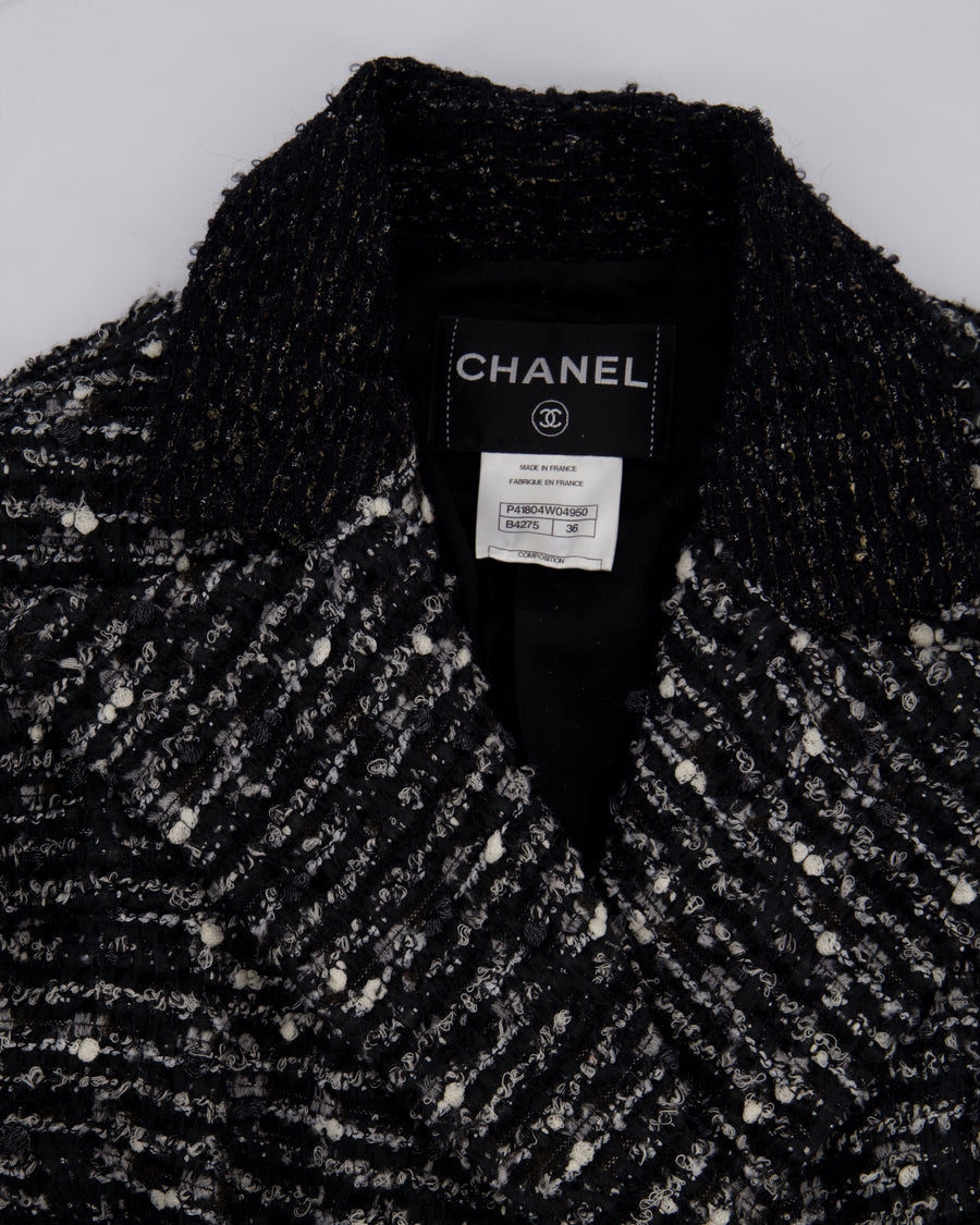 Chanel Black, Grey & White Tweed Double Breasted Jacket with Black CC Logo Buttons Size FR 36 (UK 8)