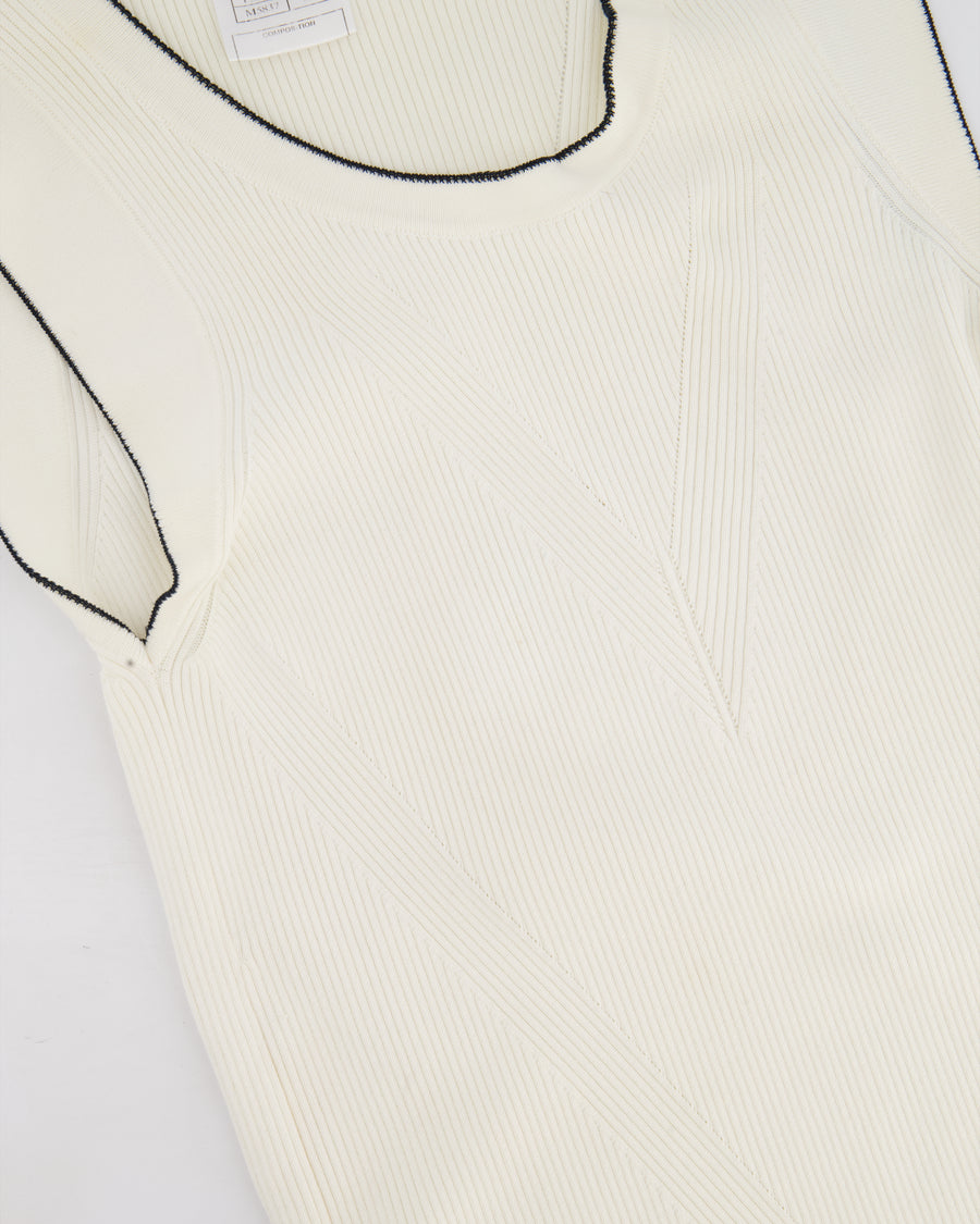 Chanel 08P Cream Sleeveless Knitted Short Dress with Silver CC Logo Button and Navy Hem Details Size FR 36 (UK 8)