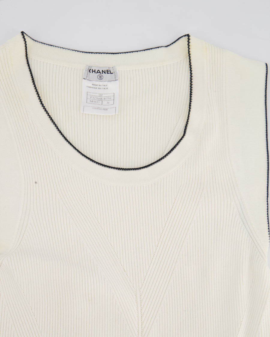 Chanel 08P Cream Sleeveless Knitted Short Dress with Silver CC Logo Button and Navy Hem Details Size FR 36 (UK 8)