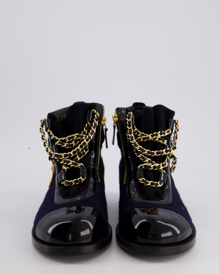 Chanel 15A Navy Blue and Black Wool With Salzburg Gold Charm Ankle Boots Size EU 37