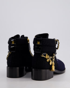 Chanel 15A Navy Blue and Black Wool With Salzburg Gold Charm Ankle Boots Size EU 37
