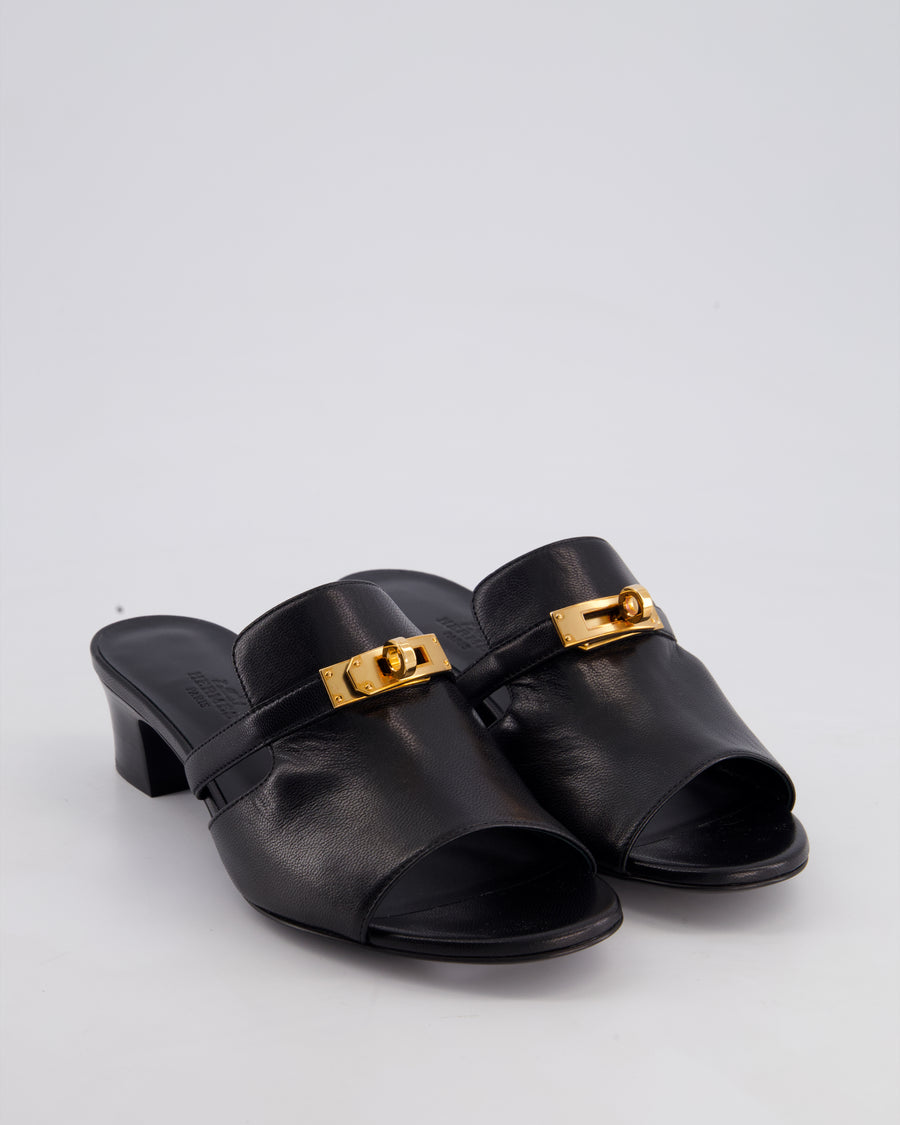 Hermès Candy Sandals in Black Calfskin Leather with Rose Gold Kelly Clasp Size EU 37