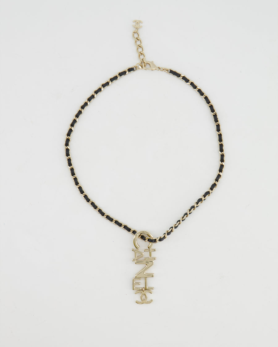 Chanel 22K Black Chain and Champagne Gold Necklace with Logo Pendant