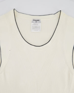 Chanel 08P Cream Sleeveless Knitted Short Dress with Silver CC Logo Button and Navy Hem Details Size FR 36 (UK 8)