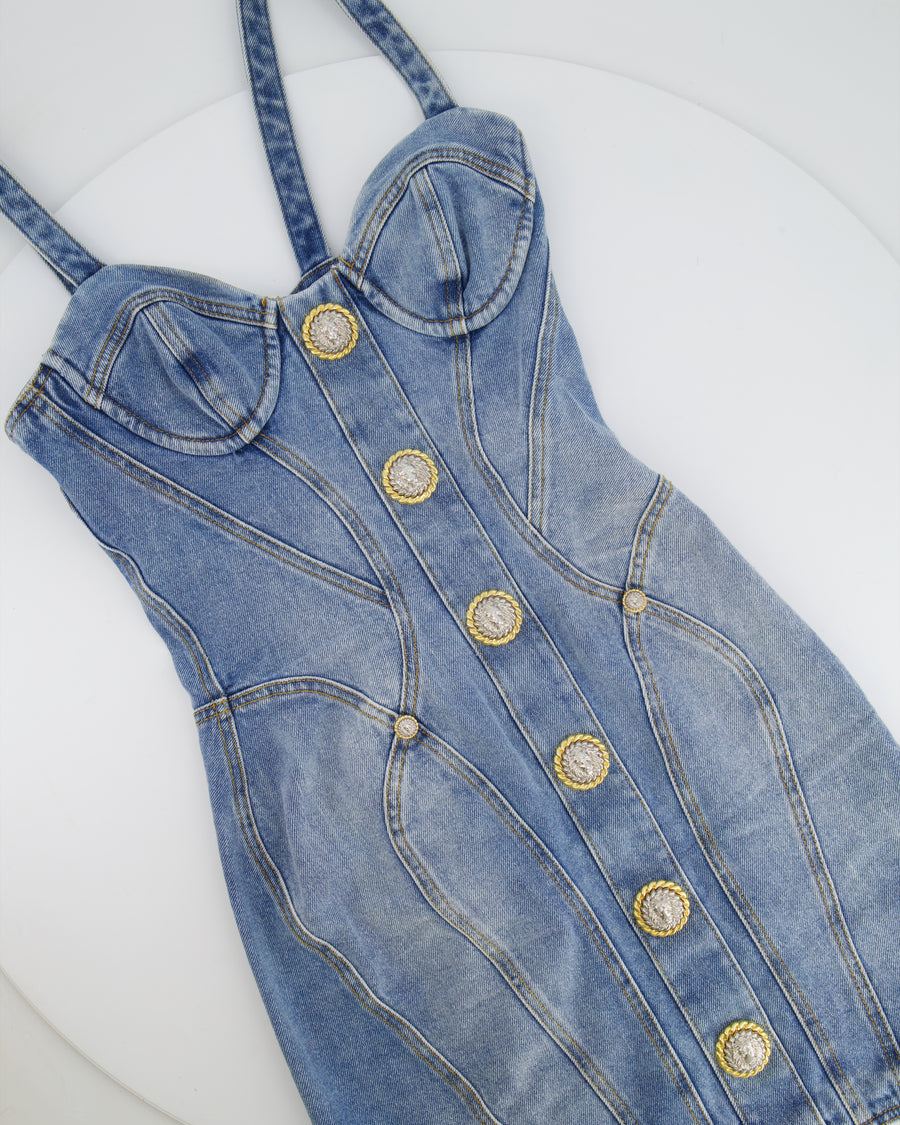 Balmain Denim Mini Dress with Silver and Gold Buttons Size FR 36 (UK 8)