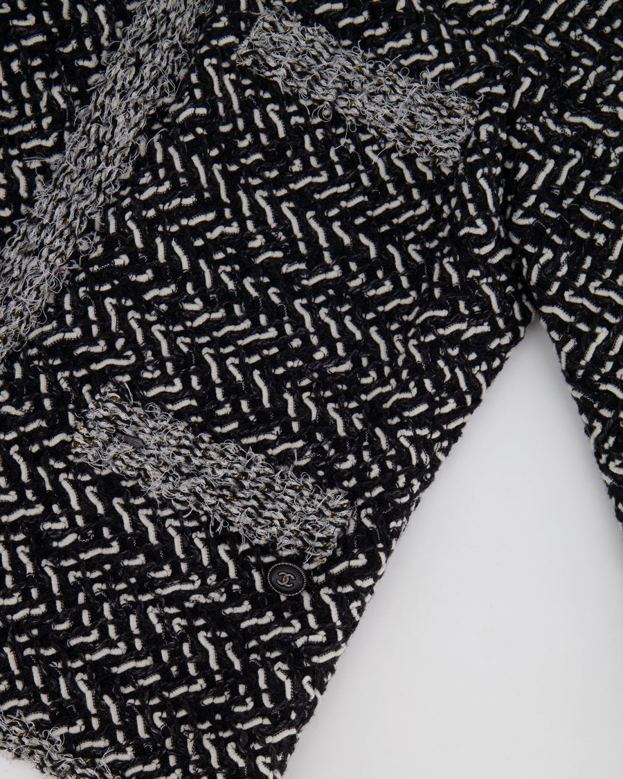Chanel Black, White, and Silver Metallic Tweed Jacket with CC Logo Detail Size FR 36 (UK 8)
