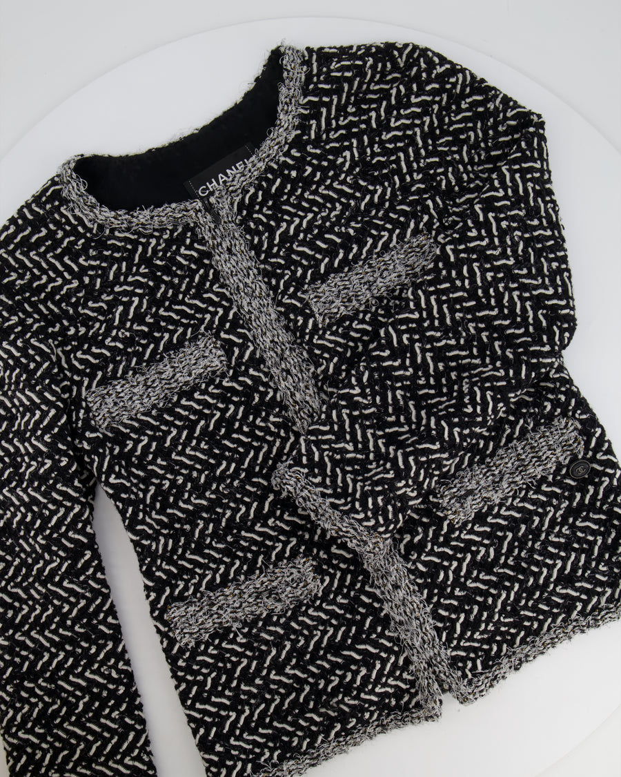 Chanel Black, White, and Silver Metallic Tweed Jacket with CC Logo Detail Size FR 36 (UK 8)