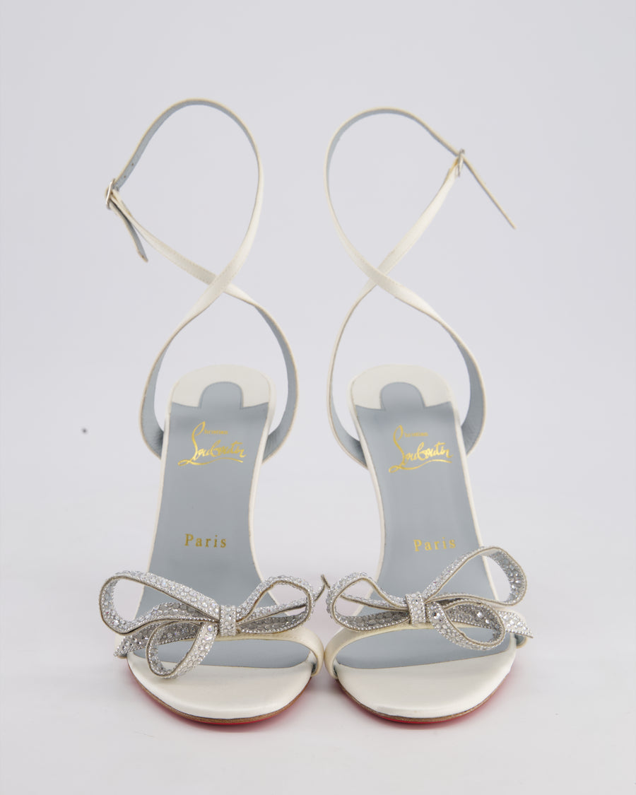Christian Louboutin Jewel Queen 115 White Ankle Strap Heeled Sandals With Crystal Bow Detail Size EU 39.5
