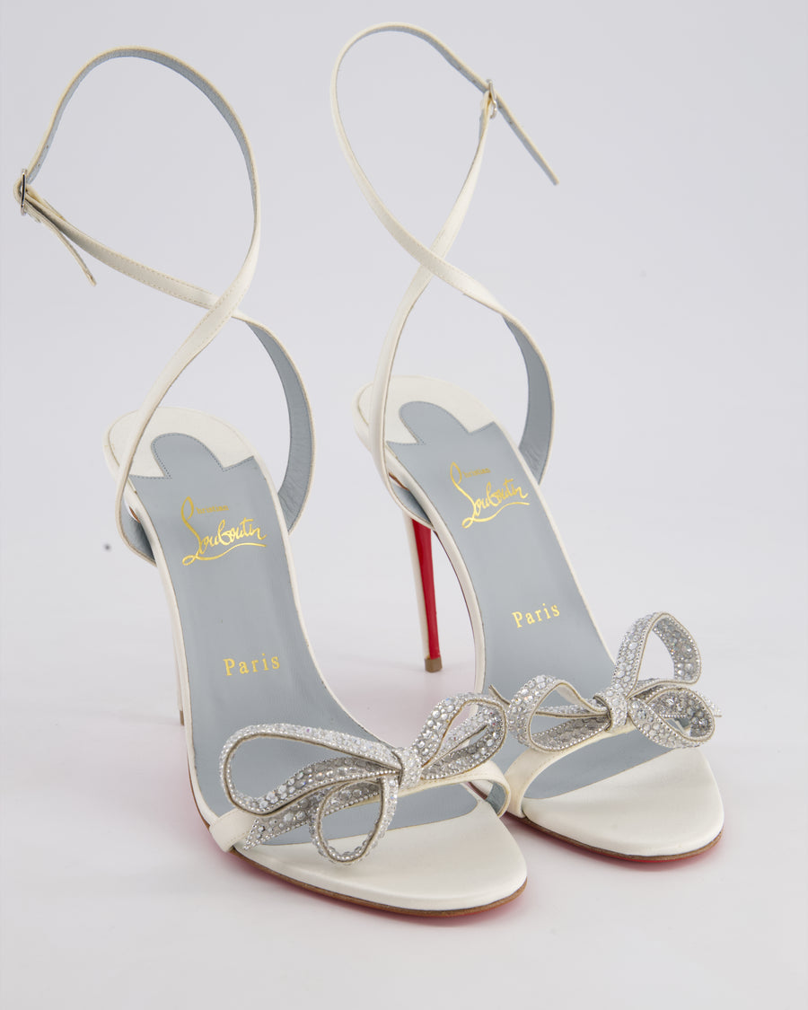 Christian Louboutin Jewel Queen 115 White Ankle Strap Heeled Sandals With Crystal Bow Detail Size EU 39.5