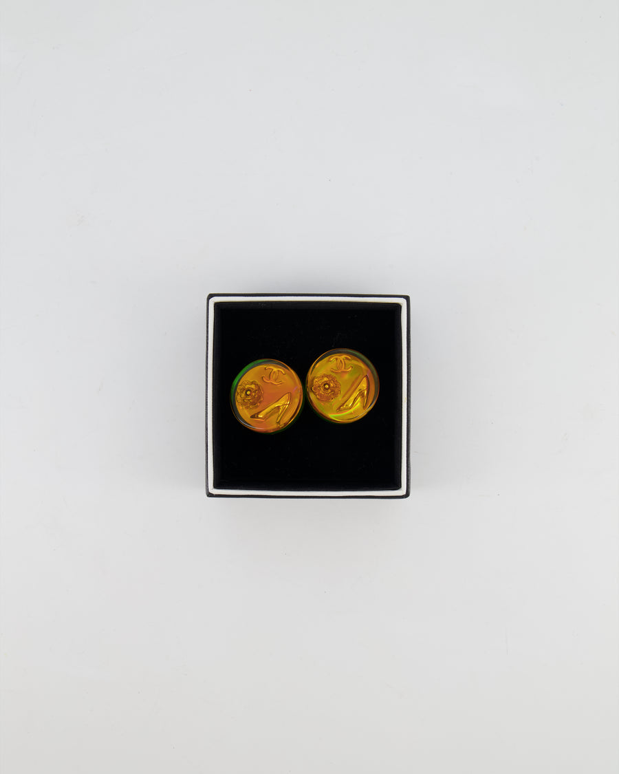 Chanel 97A Vintage Multicolour Holographic Round CC Logo Clip-On Earrings
