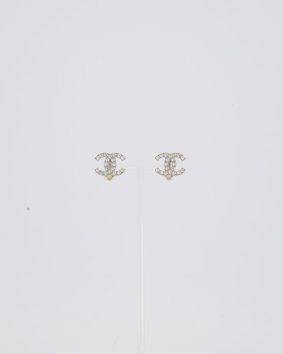 Chanel Silver Crystal CC Logo Earrings
