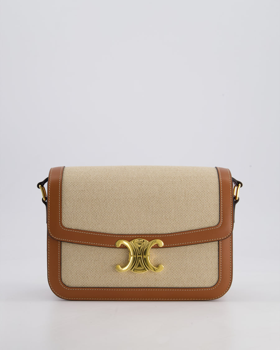 Celine Brown Canvas and Leather Triomphe Shoulder Bag with Gold Hardware