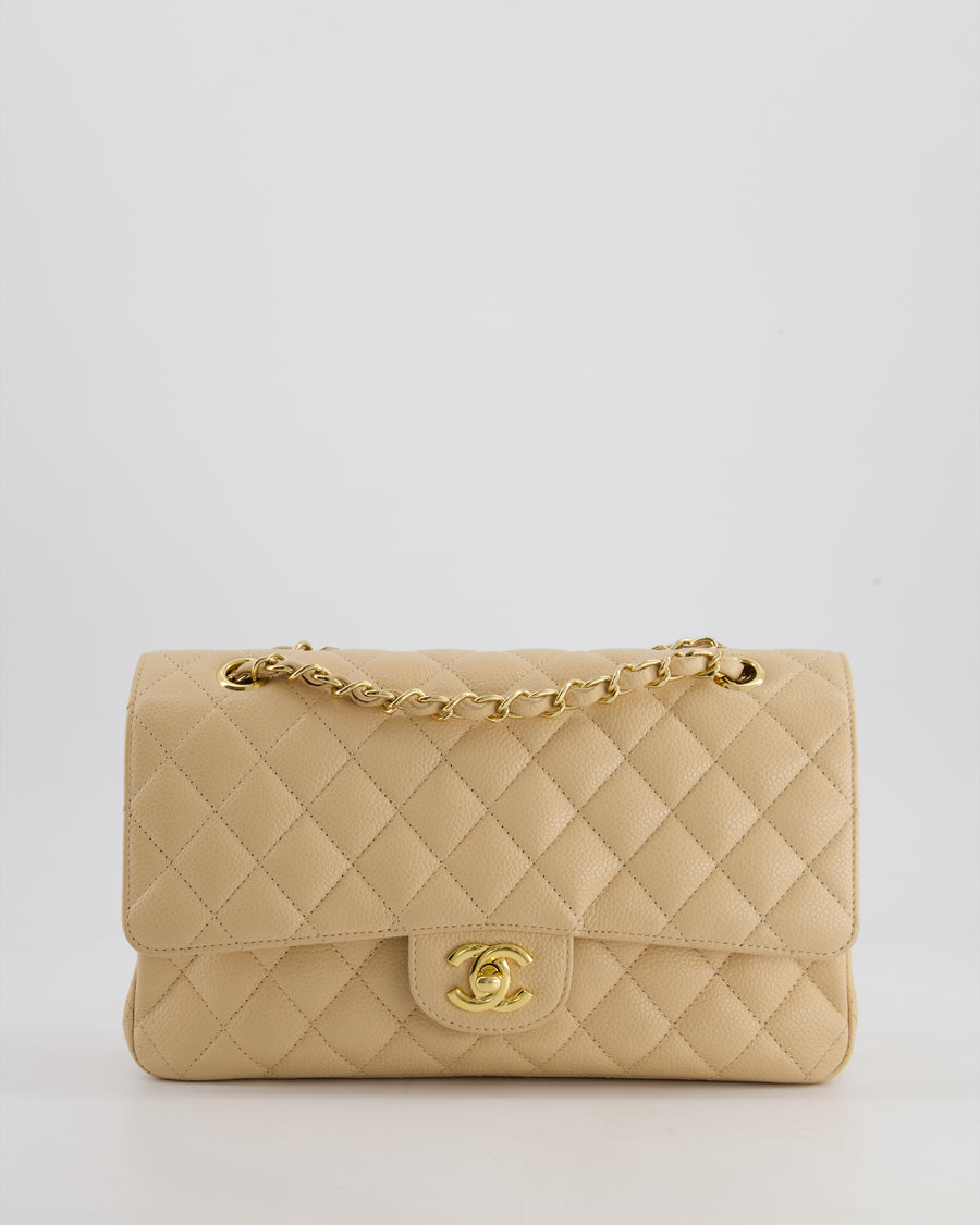Chanel Beige Classic Medium Double Flap Bag in Caviar Leather with Gold Hardware