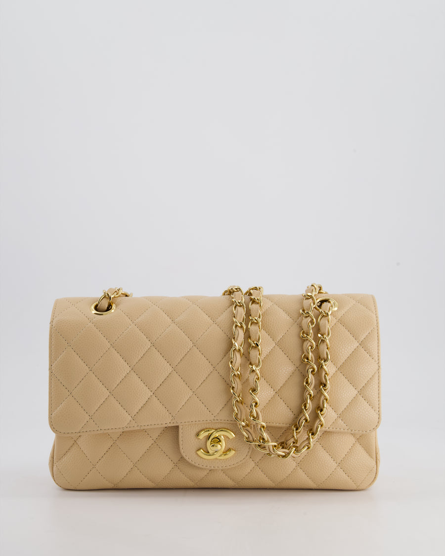 Chanel Beige Classic Medium Double Flap Bag in Caviar Leather with Gold Hardware