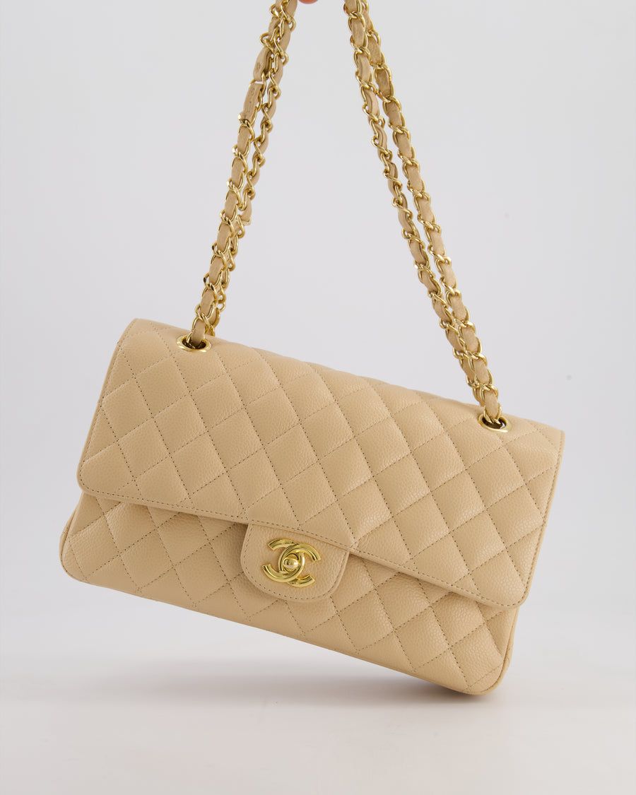 Chanel Beige Classic Medium Double Flap Bag in Caviar Leather with Gold Hardware