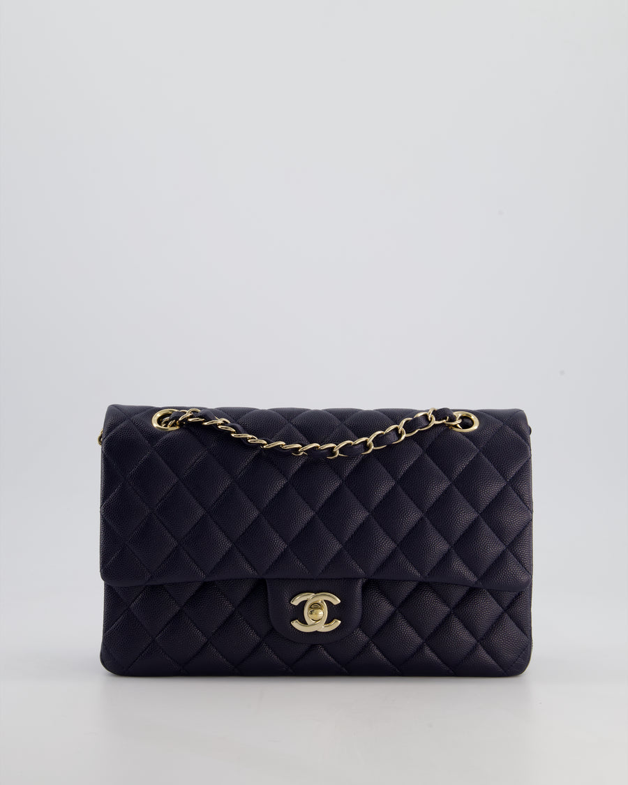 *HOT* Chanel Midnight Blue Classic Medium Double Flap Bag in Caviar Leather with Champagne Gold Hardware