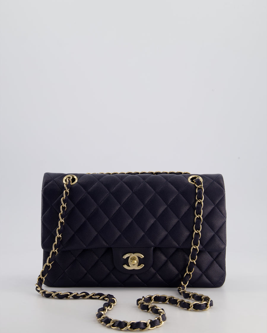 *HOT* Chanel Midnight Blue Classic Medium Double Flap Bag in Caviar Leather with Champagne Gold Hardware
