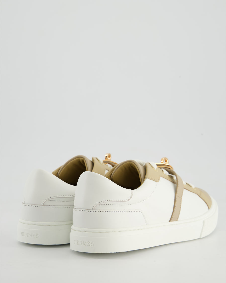 Hermès Blanc & Beige Lin Day Sneaker in Leather with Rose Gold Buckle Size EU 38 RRP £1,120