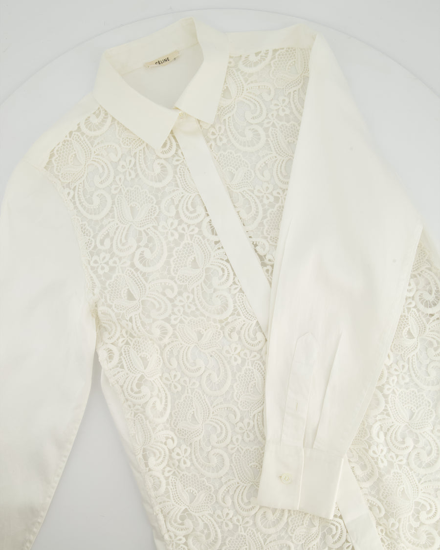 Celine White Cotton Poplin Long Sleeve Shirt with Macrame Front Detail Size FR 38 (UK 10)