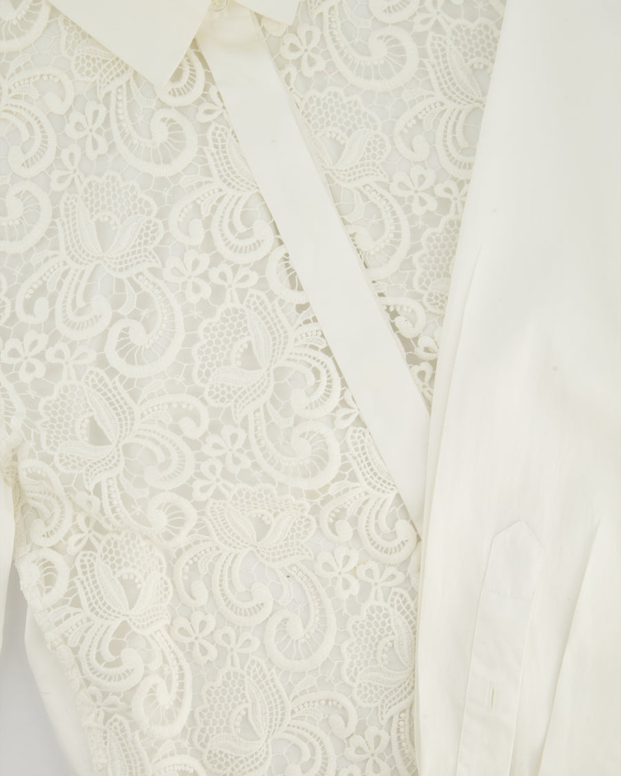 Celine White Cotton Poplin Long Sleeve Shirt with Macrame Front Detail Size FR 38 (UK 10)
