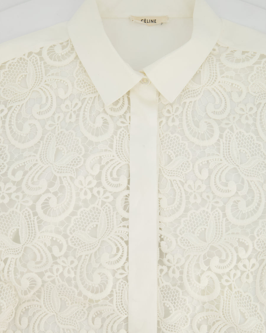 Celine White Cotton Poplin Long Sleeve Shirt with Macrame Front Detail Size FR 38 (UK 10)