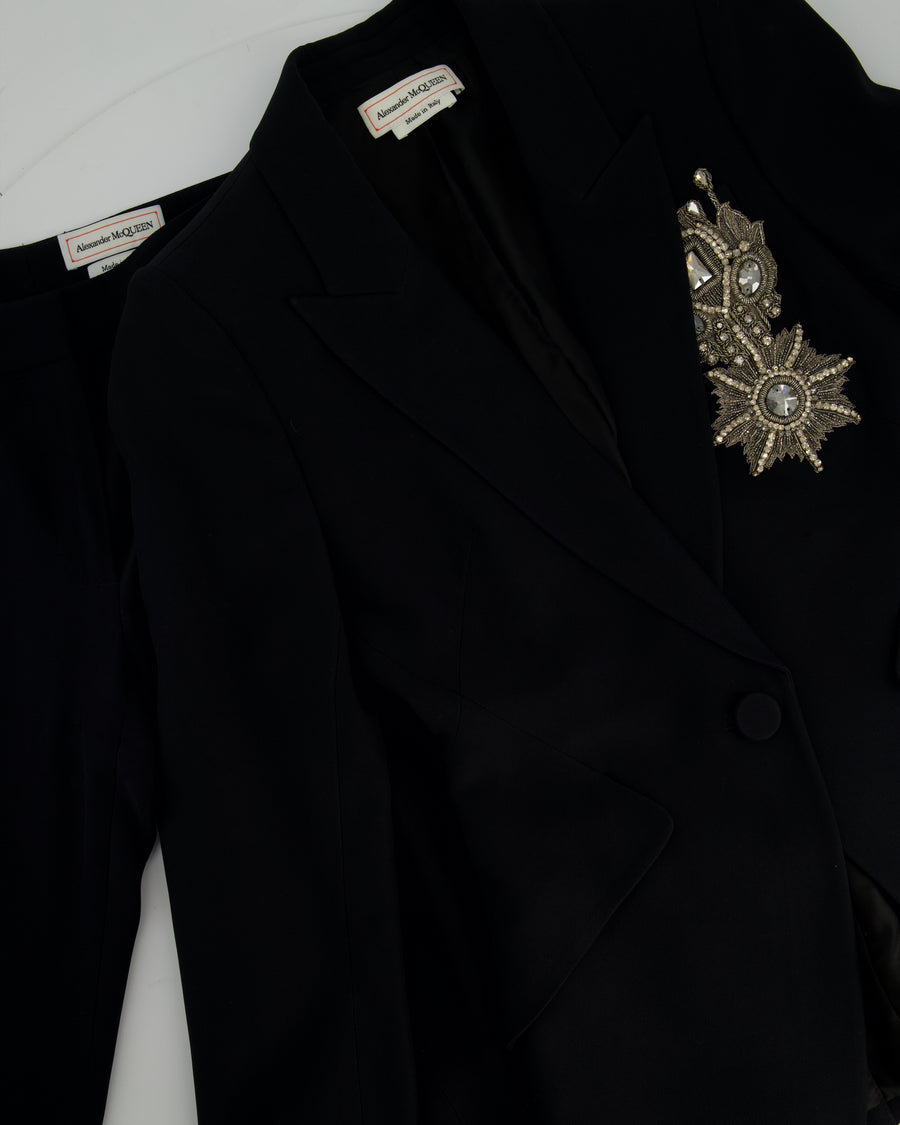 Alexander McQueen Black Tailored Blazer Jacket and Matching Trousers Set with Metallic Embroidery Detail Size IT 36 (UK 4)