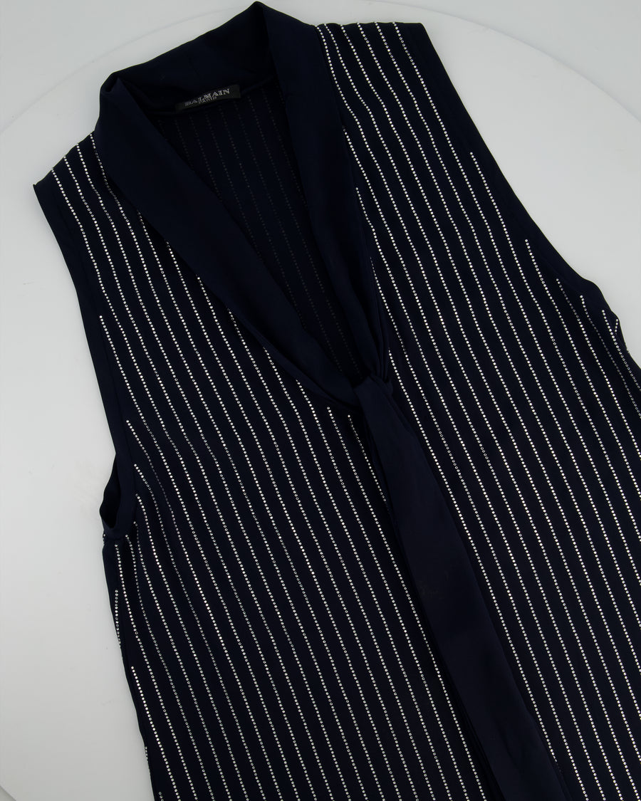 Balmain Navy Sleeveless Shirt Blouse With Crystal Pinstripes and Tie-Up Bow Detail Size 38 (UK 10)